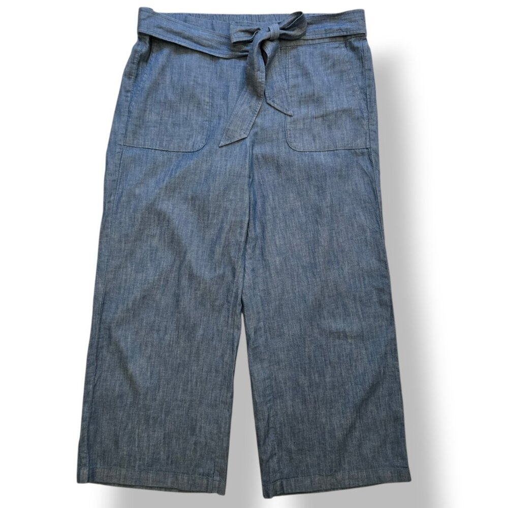 J.CREW Tie Waist Crop Pants Womens Blue Chambray Linen Blend Wide Leg Size 12